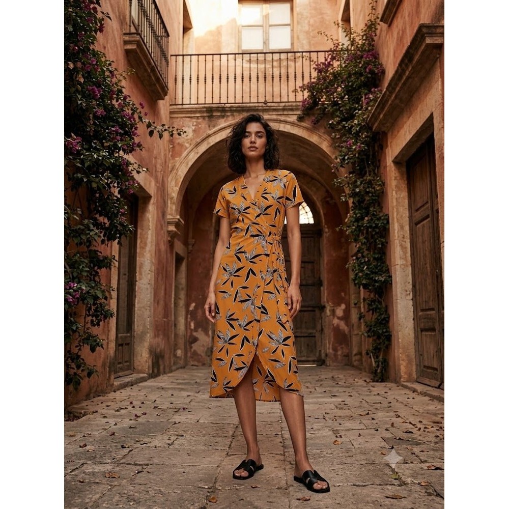 Mango‎ Basics Mustard Yellow Graphic Leaf Print Wrap Midi Dress Cap Sleeve S